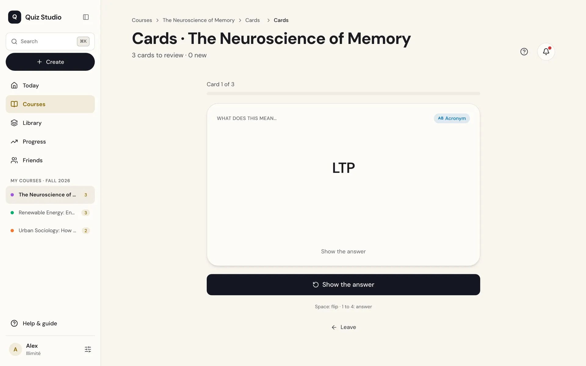 A flashcard session on a computer: the front of a card, before revealing the answer.