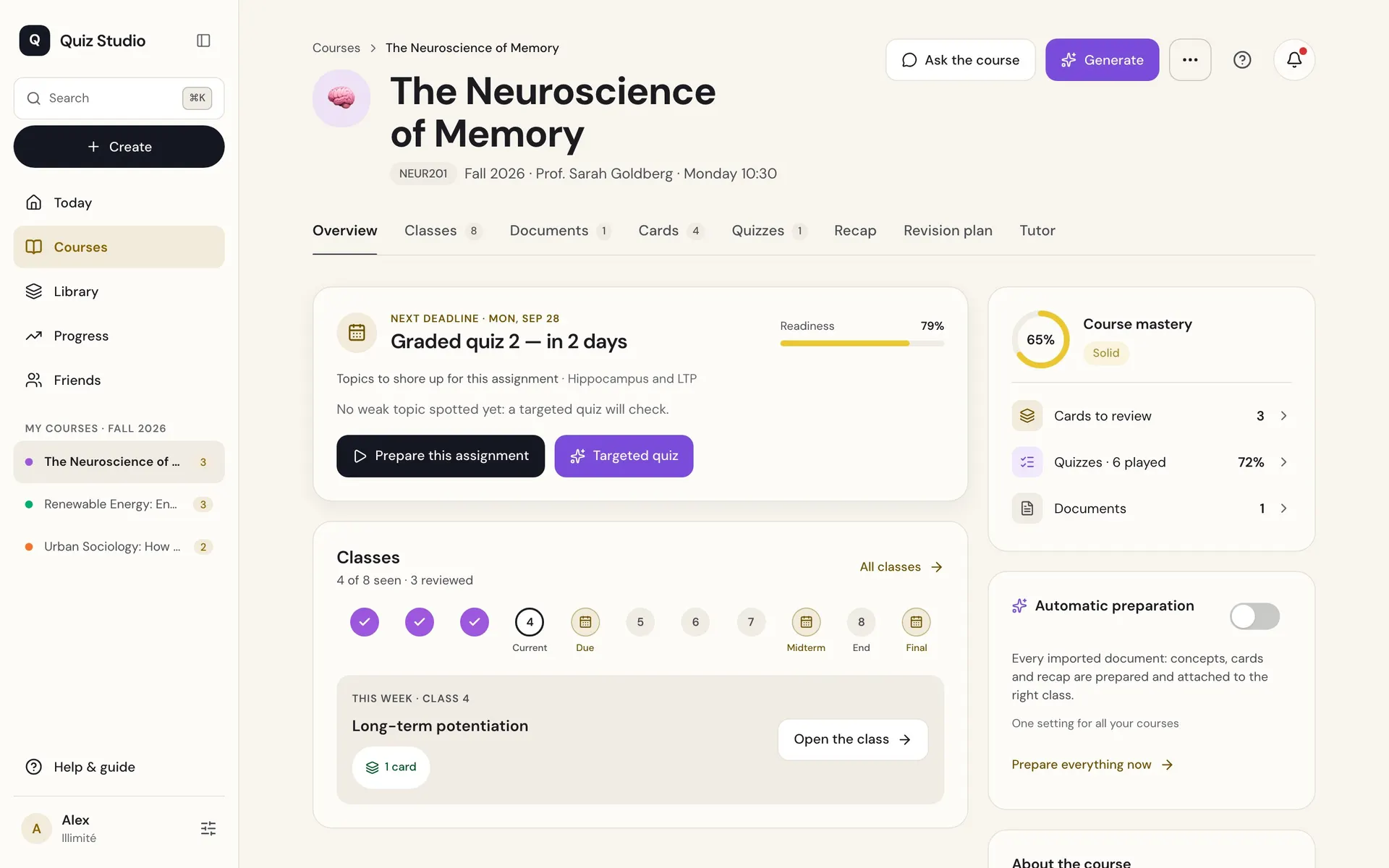A course page in Quiz Studio: the next deadline, the classes and the course’s mastery.
