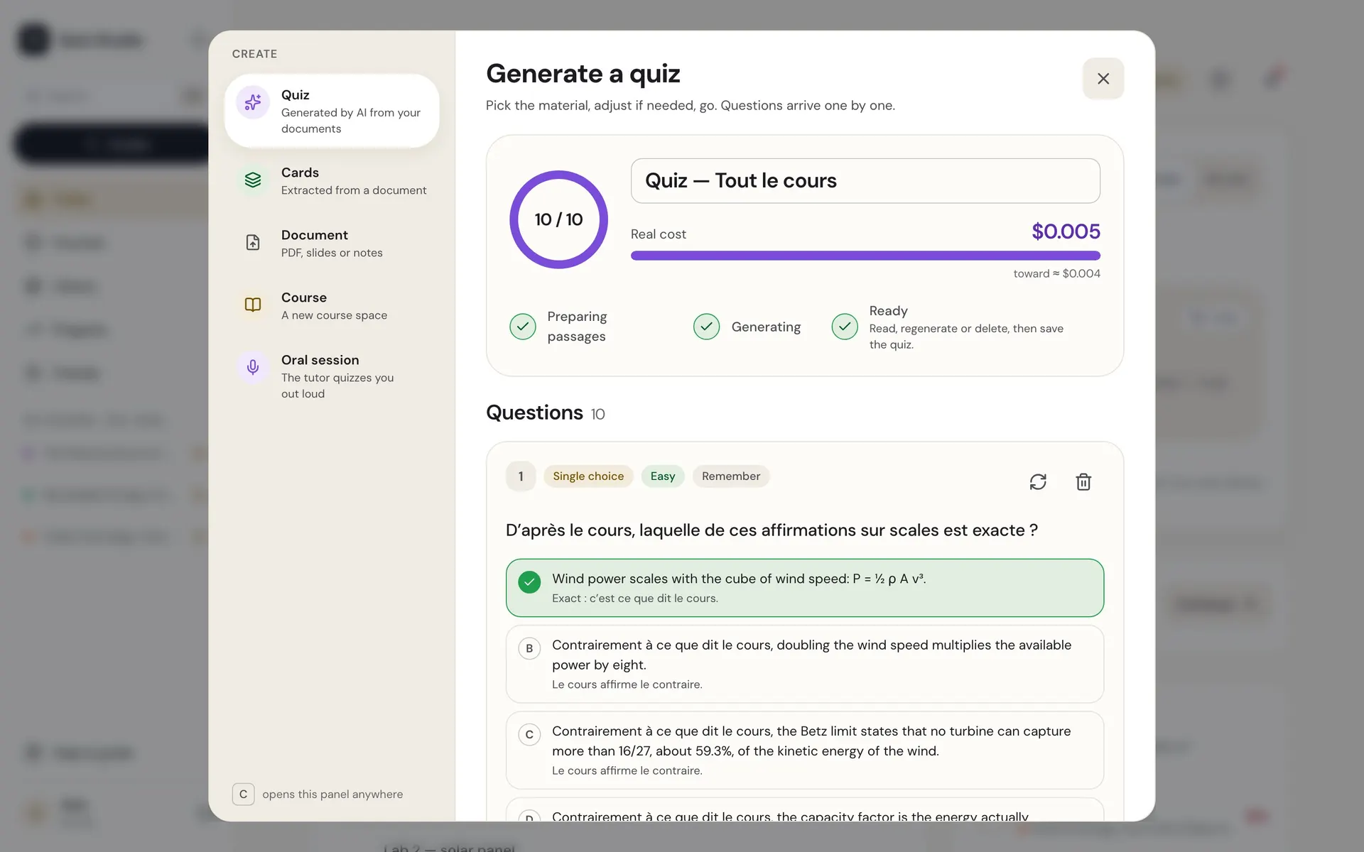 Quiz Studio’s “Generate a quiz” window: questions appear one by one.