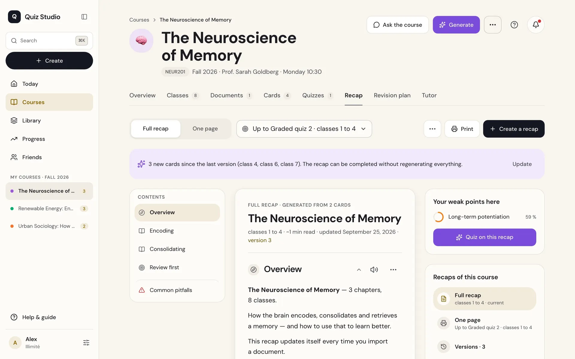 Quiz Studio on a computer: a course’s recap, with its outline and the weak points to review.