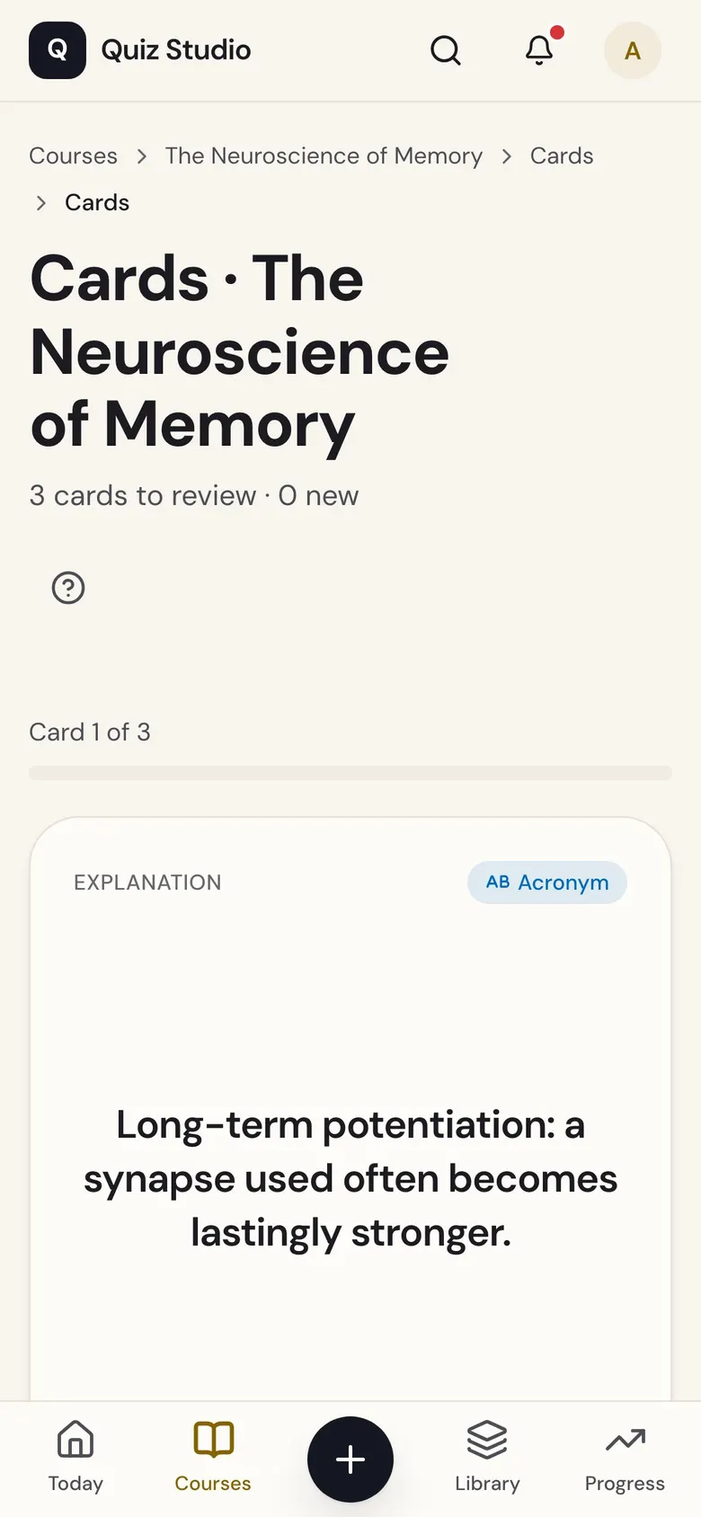 Quiz Studio on a phone: the back of a flashcard, with its explanation.