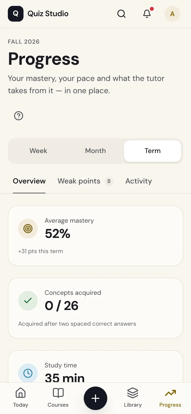 Quiz Studio on a phone: the Progress screen, with average mastery and concepts acquired.