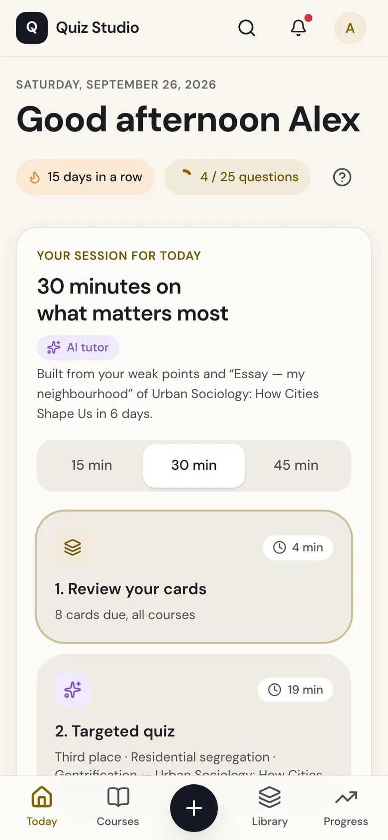 Quiz Studio on a phone: today’s session.
