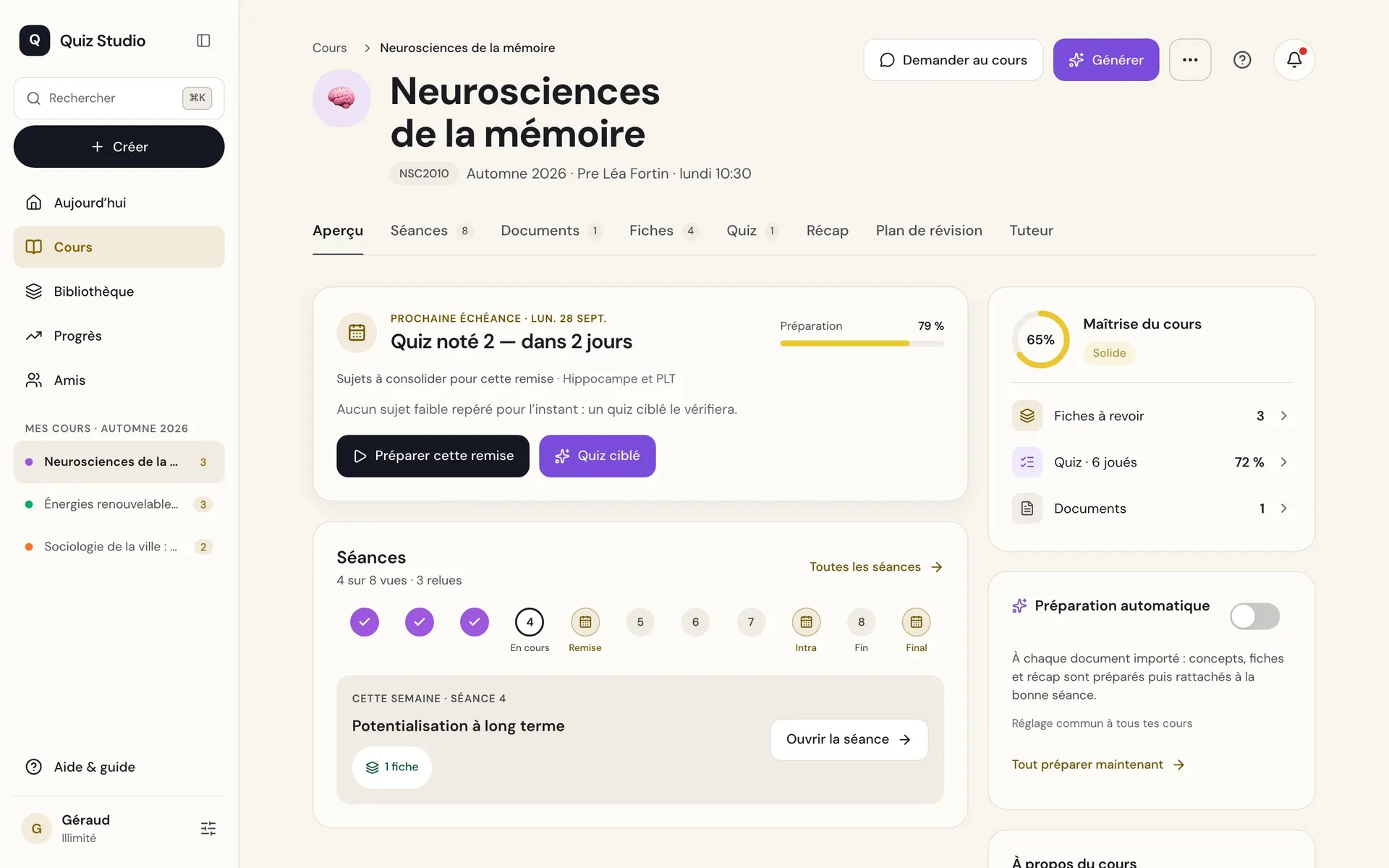 La page d’un cours dans Quiz Studio : la prochaine échéance, les séances et la maîtrise du cours.