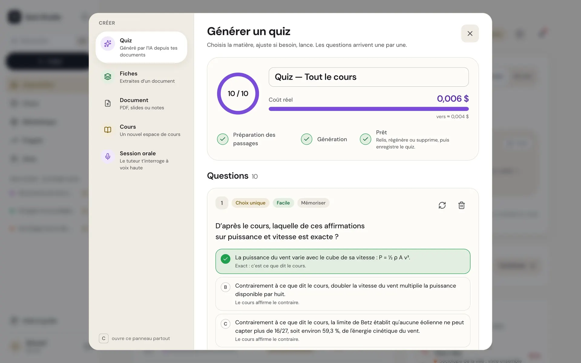 La fenêtre « Générer un quiz » de Quiz Studio : les questions arrivent une par une.