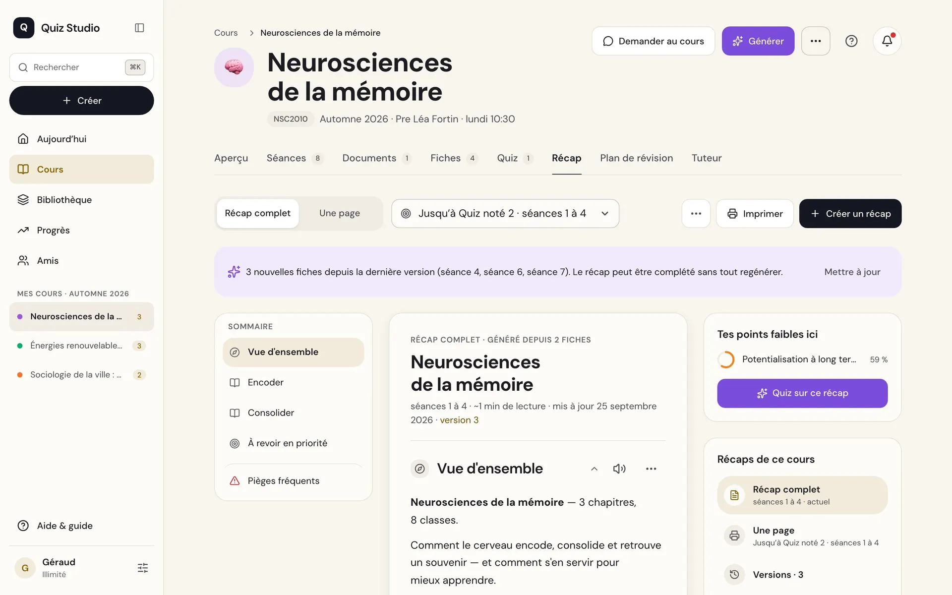 Quiz Studio sur ordinateur : le récap d’un cours, avec son sommaire et les points faibles à revoir.