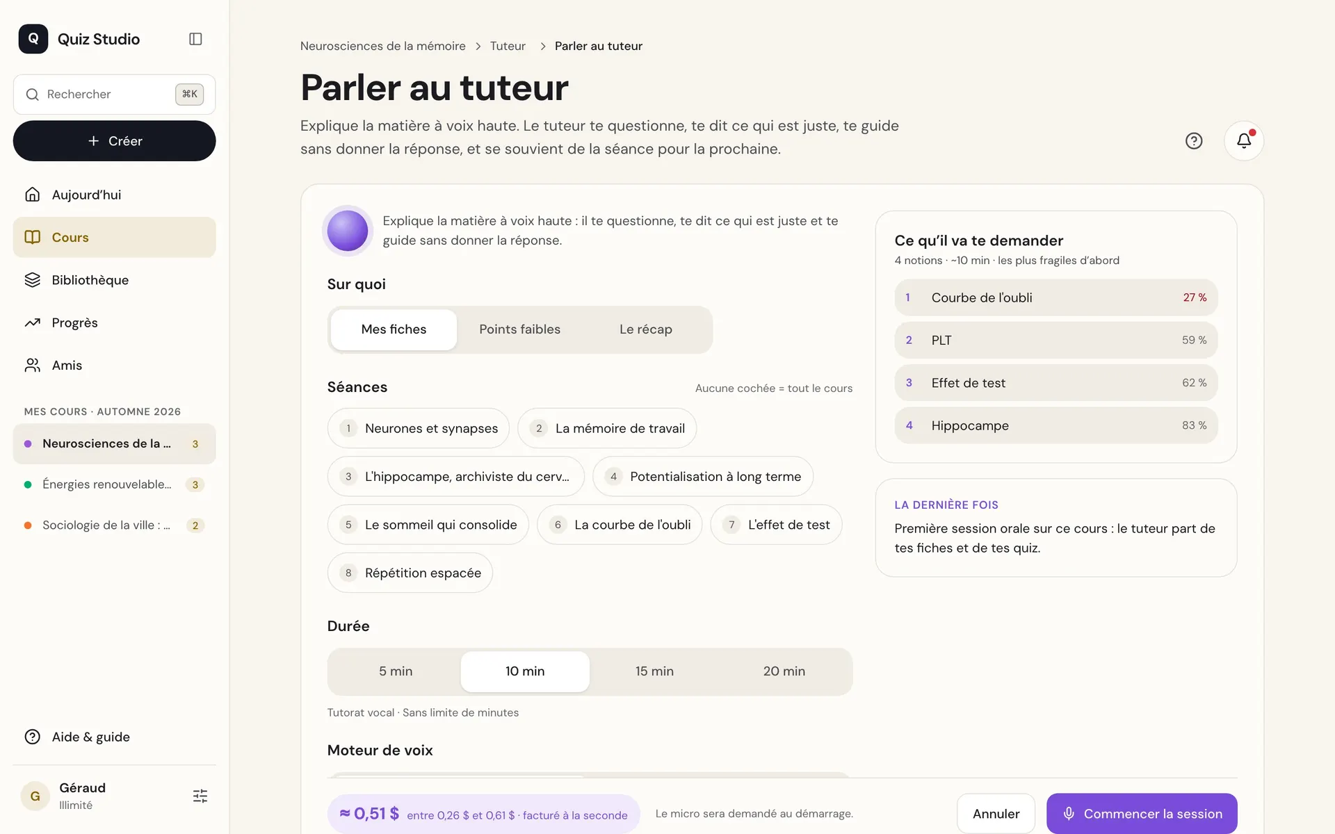 L’écran « Parler au tuteur » : le sujet, les séances et la durée d’une séance orale.