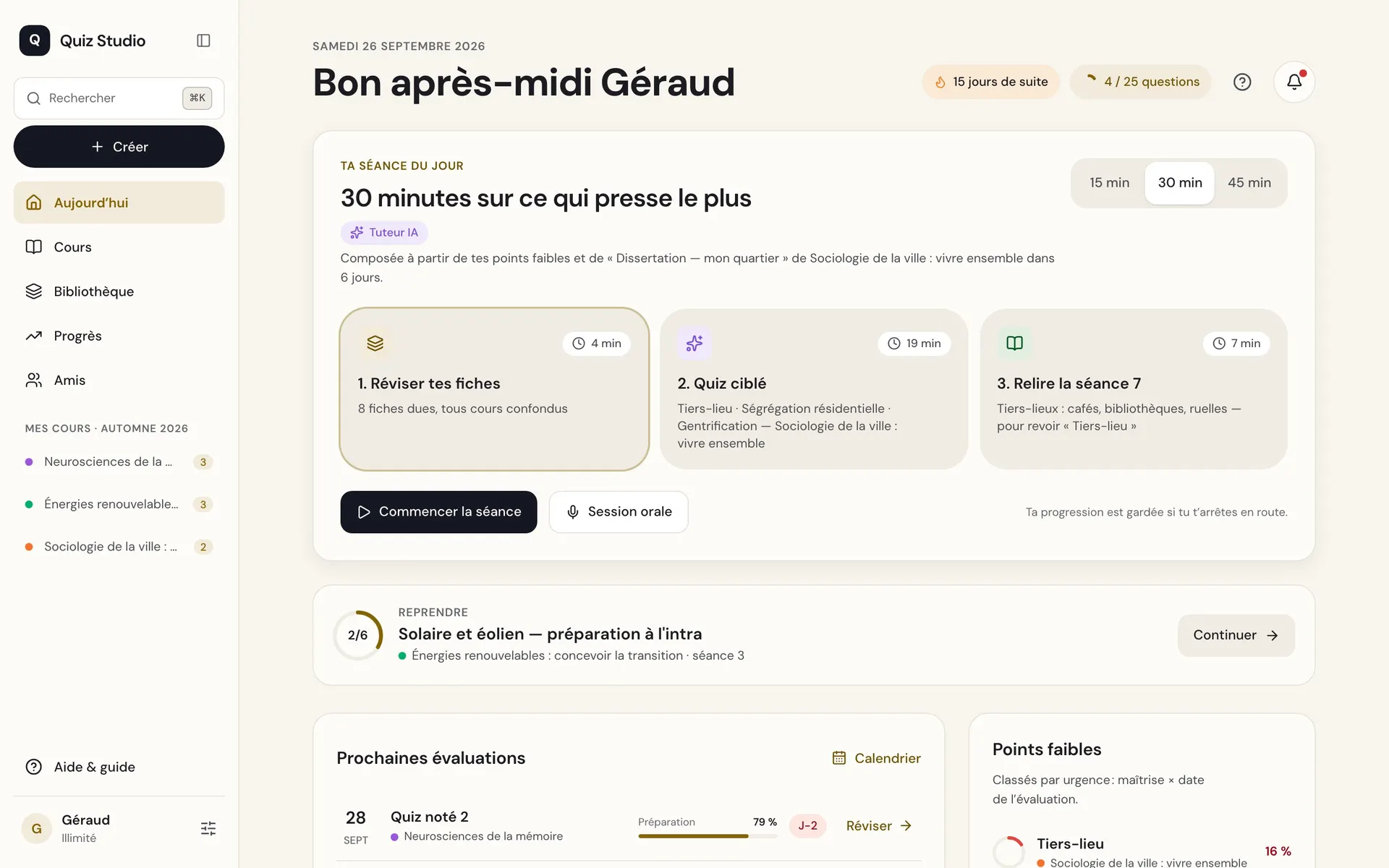 Quiz Studio sur ordinateur : la séance du jour et les prochaines évaluations.
