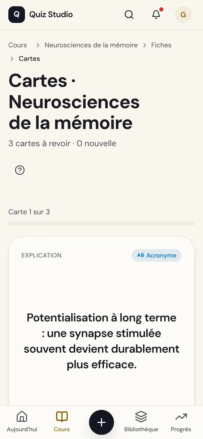 Quiz Studio sur téléphone : le verso d’une fiche, avec son explication.
