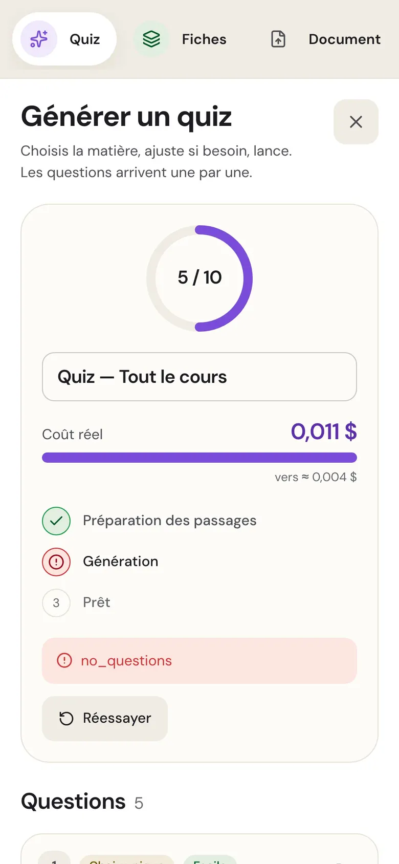 Le même écran sur téléphone : l’avancement de la génération, étape par étape.