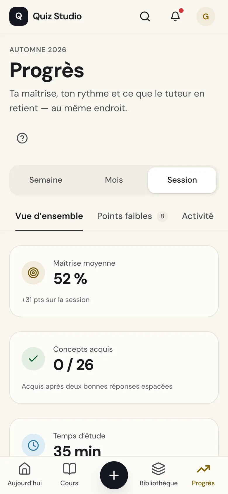 Quiz Studio sur téléphone : l’écran Progrès, avec la maîtrise moyenne et les concepts acquis.