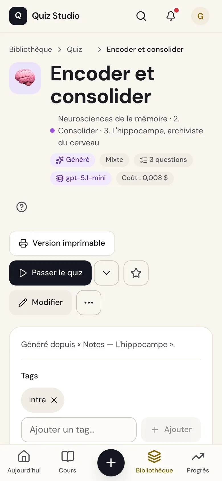La page d’un quiz sur téléphone : passer le quiz, version imprimable, tags.