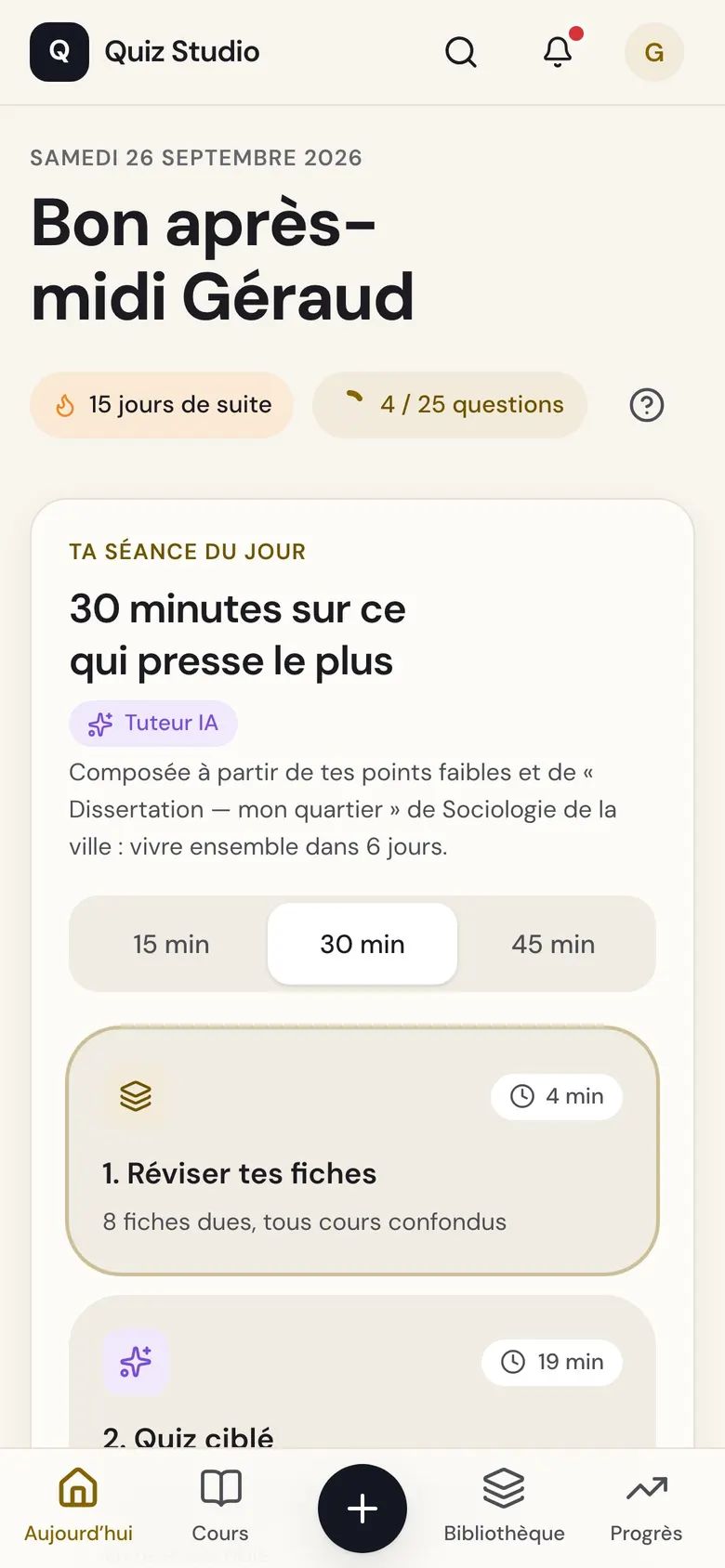 Quiz Studio sur téléphone : la séance du jour.