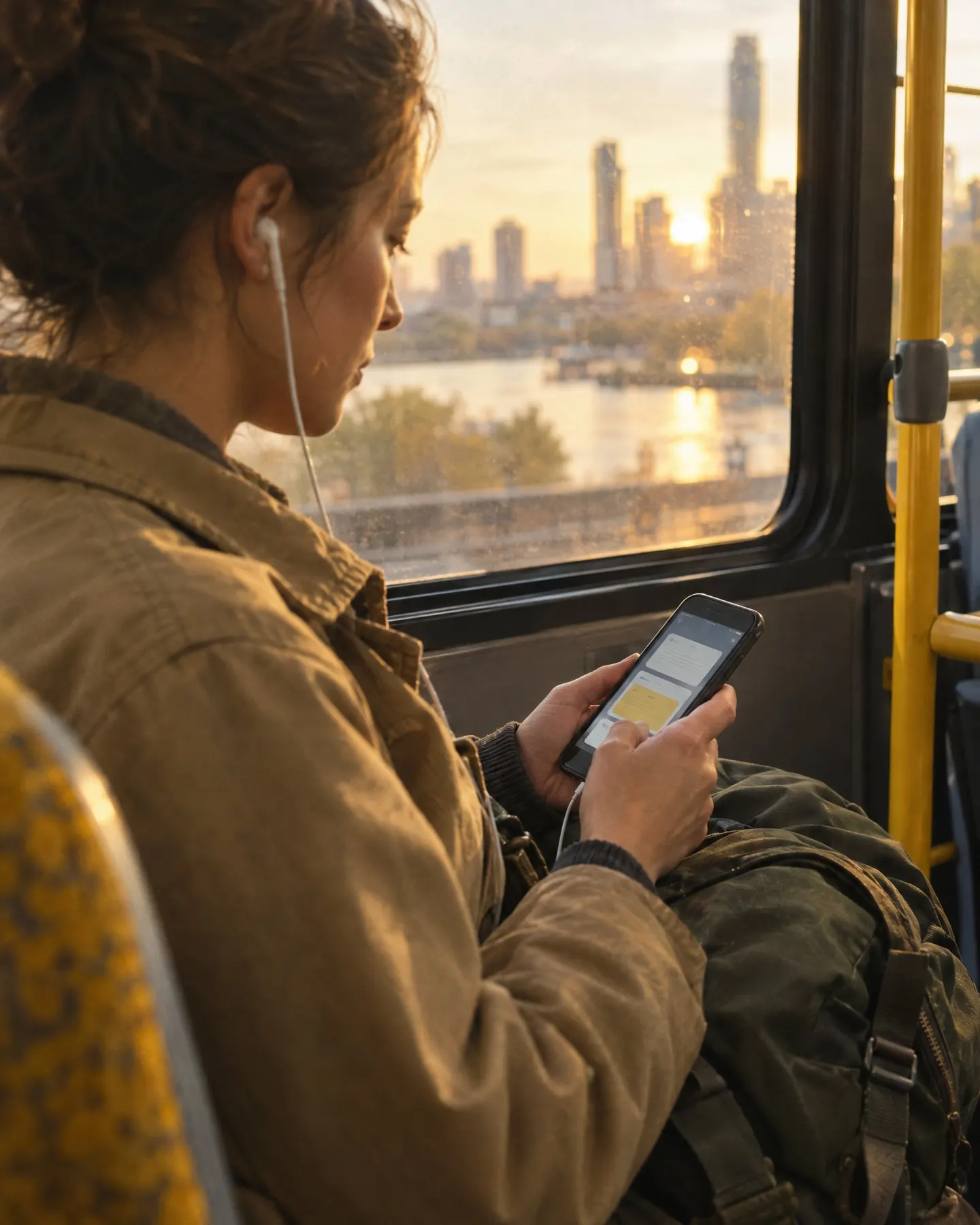 On the bus, earphones in, someone looks at their phone; the city at sunset passes by the window.