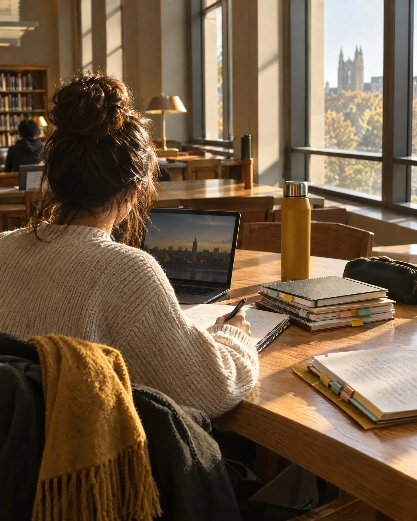 Seen from behind at a sunlit library table, someone writes in a notebook beside a laptop and a stack of notes.