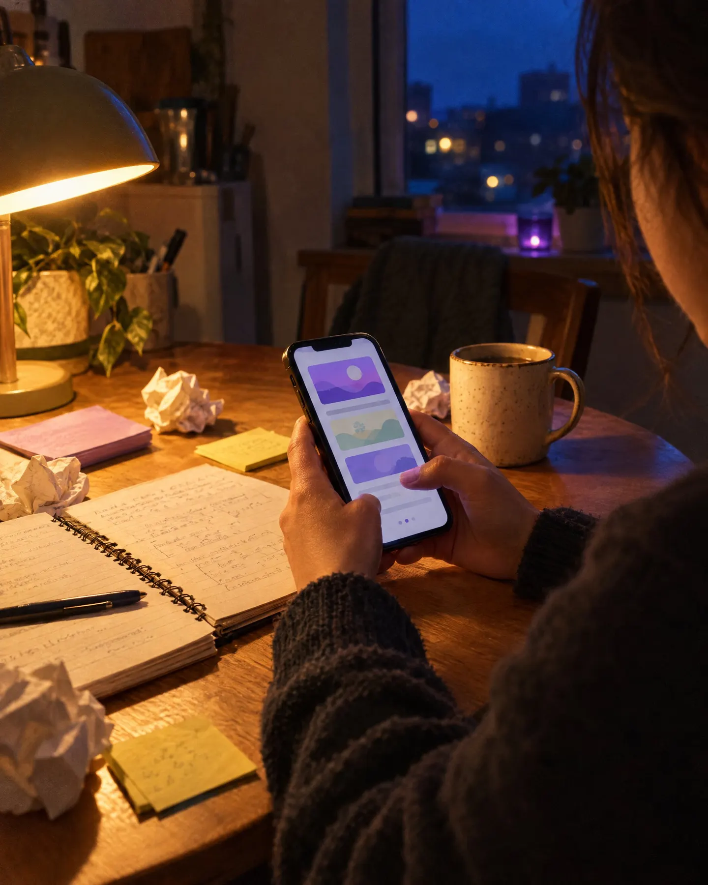 In the evening, under a lamp, hands hold a phone above an open notebook, between a mug and crumpled sheets of paper.