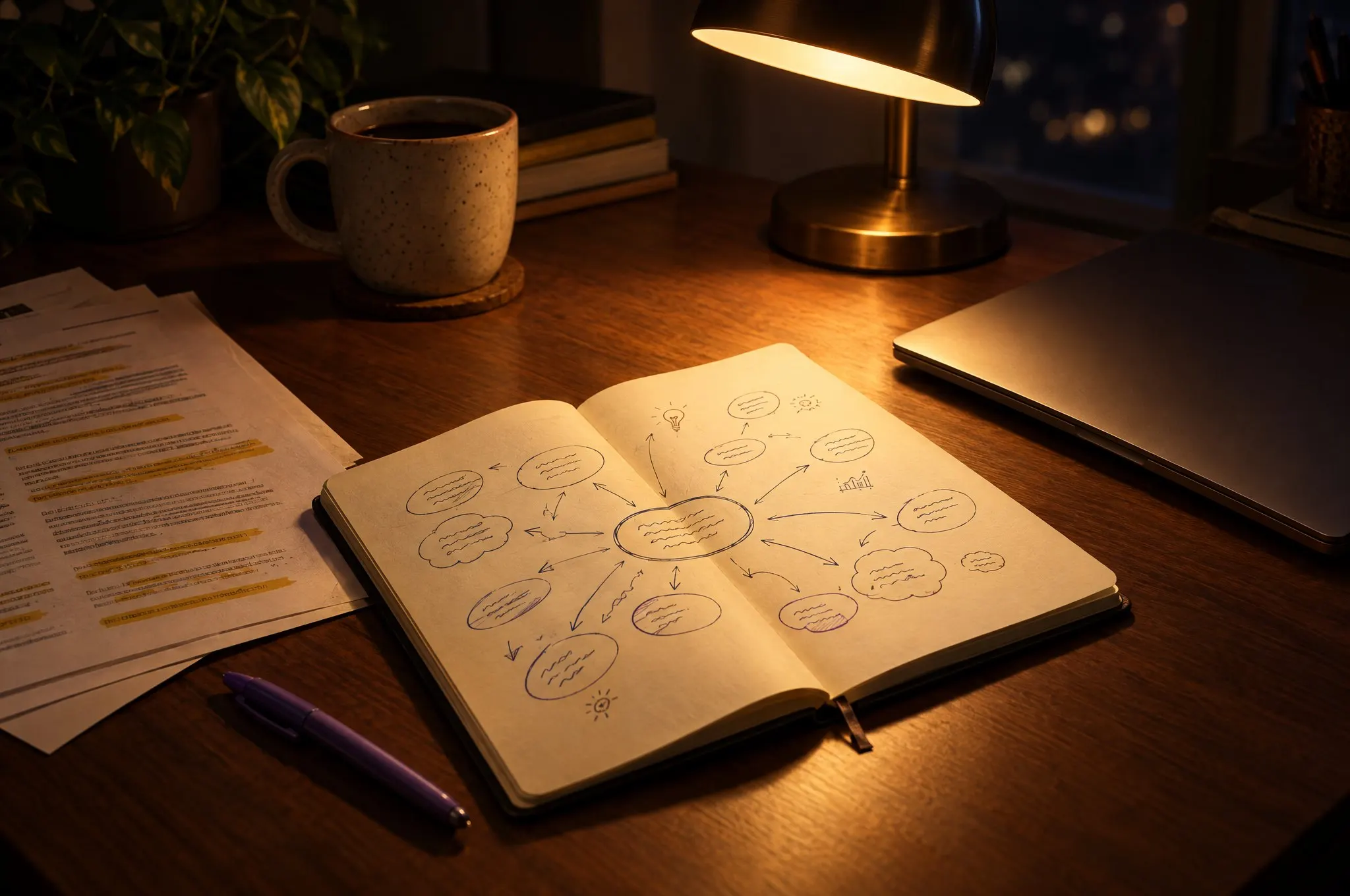 A desk in the evening, under a lamp: a notebook open on a hand-drawn mind map, highlighted notes, a mug.